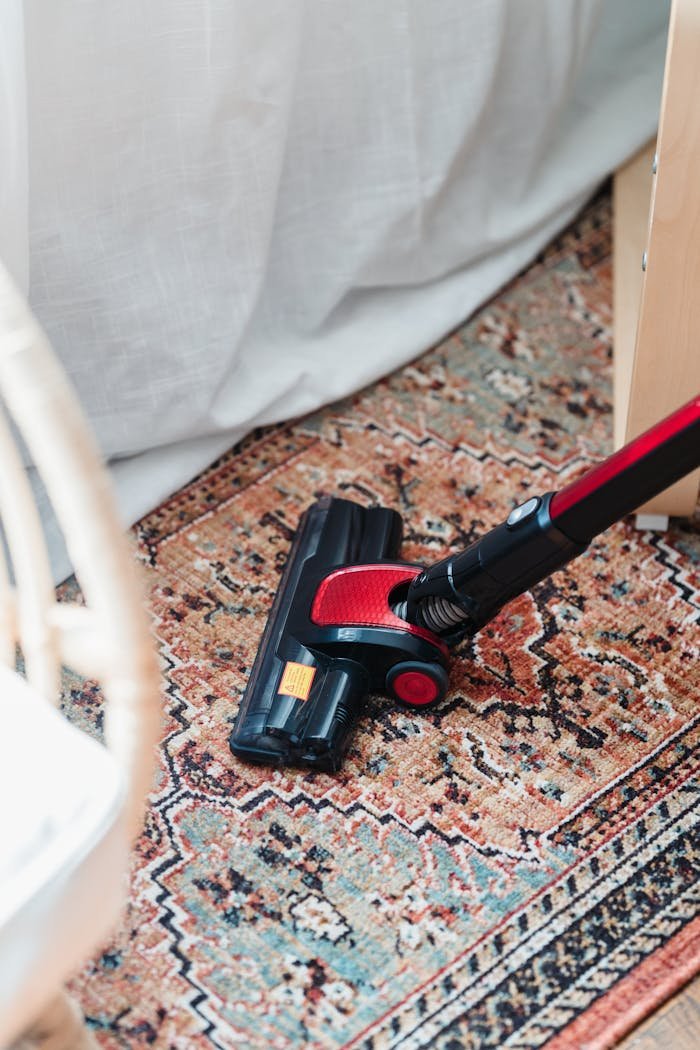 The Art of Drawing Readers In: Your attractive post title goes here A red and black vacuum cleaner on a vibrant patterned carpet indoors, showcasing home cleaning essentials.
